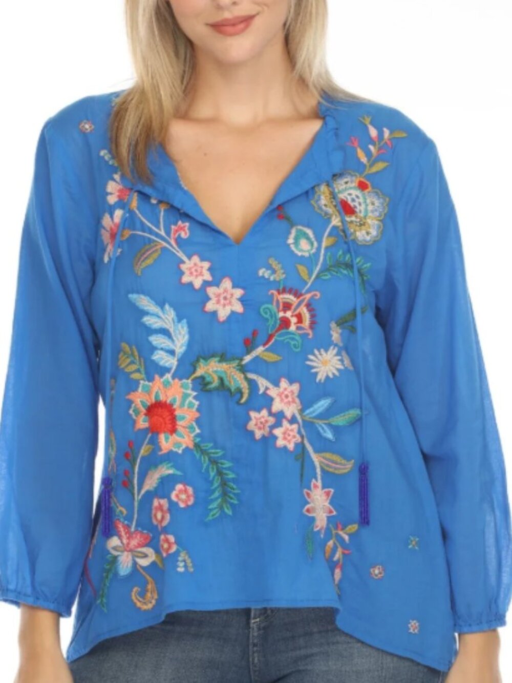 Size L Johnny Was Lapis Blue embroidered Malaya Cotton Field Blouse Peasant Top